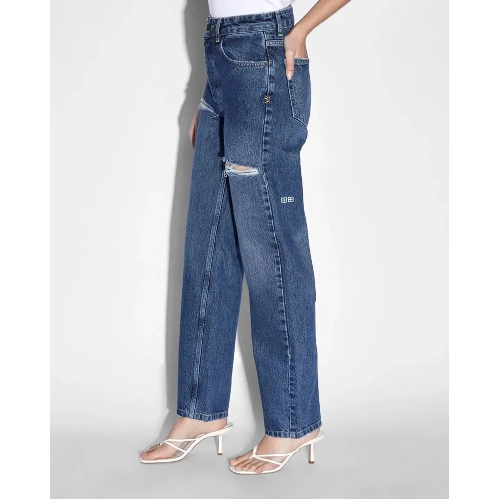 Ksubi Brooklyn Jean Stella Slashed High Rise Straight Leg Denim in Blue size 28